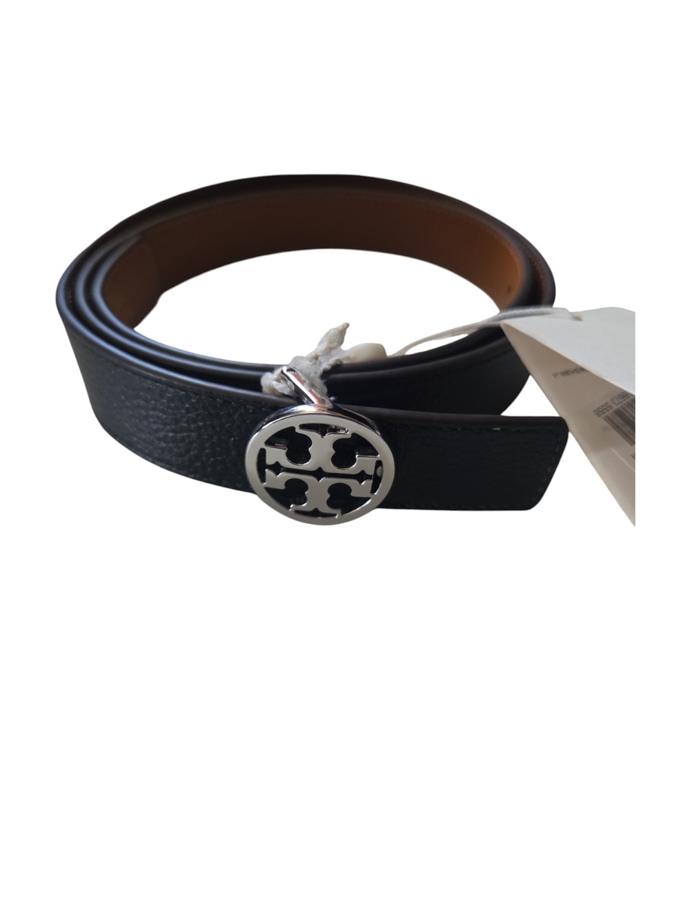 Tory Burch Black Leather Belt with Silver Logo Medallion Size:M